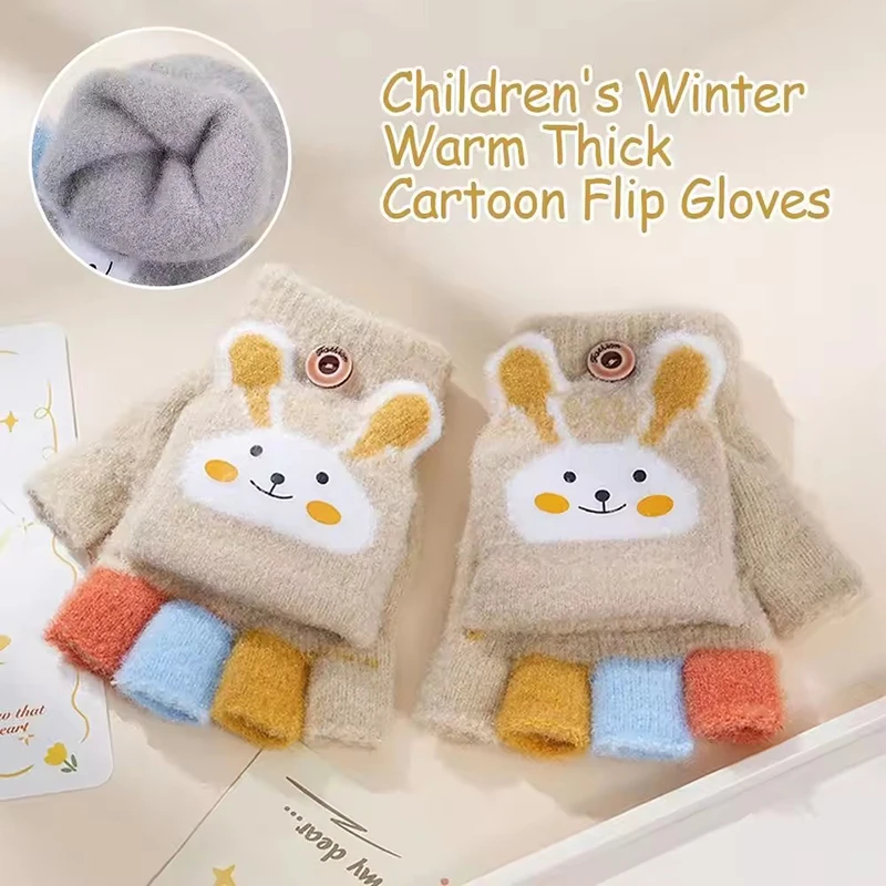 Outdoor-Radsport-Sporthandschuhe für Kinder, buntes Kaninchen, niedliche Halbfinger-Flip-Handschuhe, dick, warm, hautfreundlich, täglicher Sporthandschuh