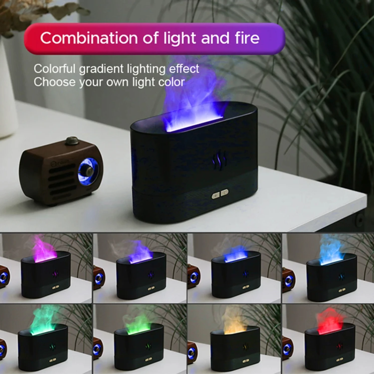 Portable Cool Mist Usb Led change color room h2o air fire flame humidifier  Essential Oil Diffuser humidifier Paneles solares