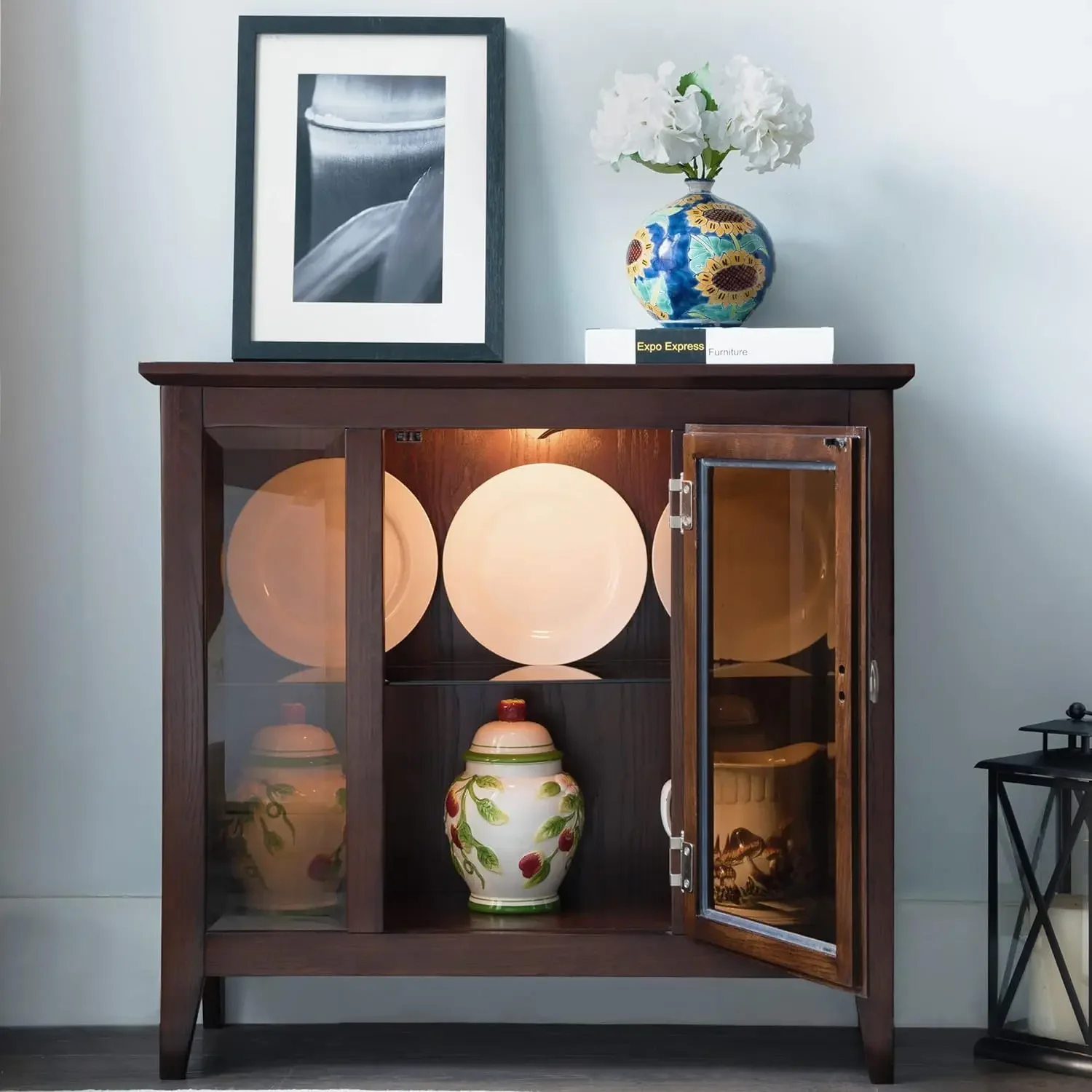 Furniture Entryway Curio Cabinet with Interior Light, Chocolate Oak