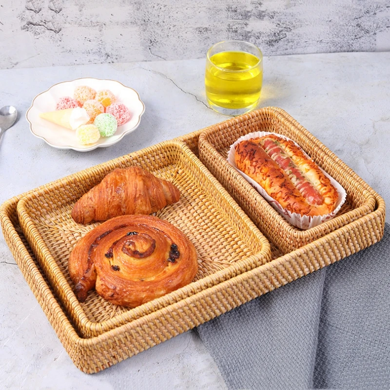 Hand-woven Storage Basket Rattan Storage Tray Wicker Basket Bread Fruit Food Breakfast Picnic Basket Kitchen Storage Basket