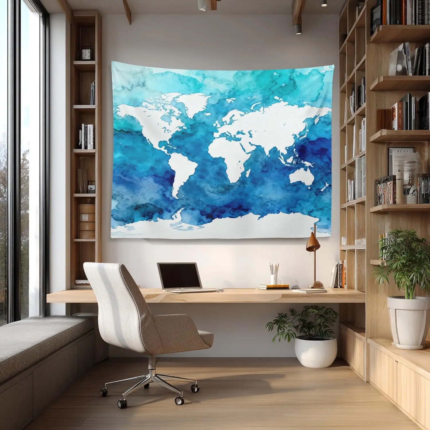 Watercolor World Map Tapestry Wall Decor Blue Ocean Global Geography Art Hanging String Lights Home Decoration Gift