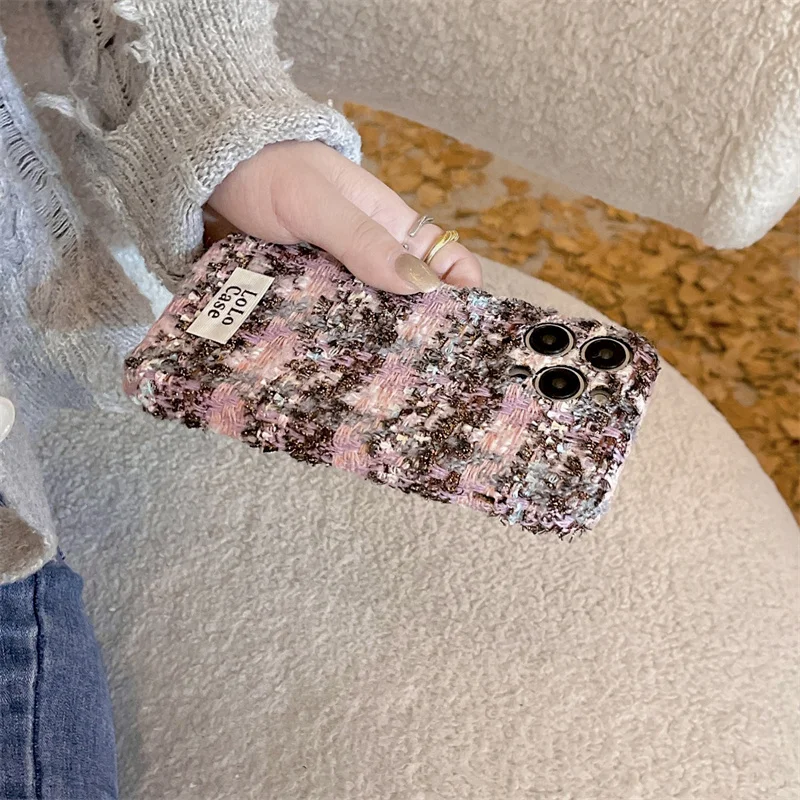 Luxury Velvet Fabric Phone Case For iPhone 16 Pro 14 12 13 15 Pro Max Cover Fashion Cloth Cute Protective Cases For Apple 15Pro