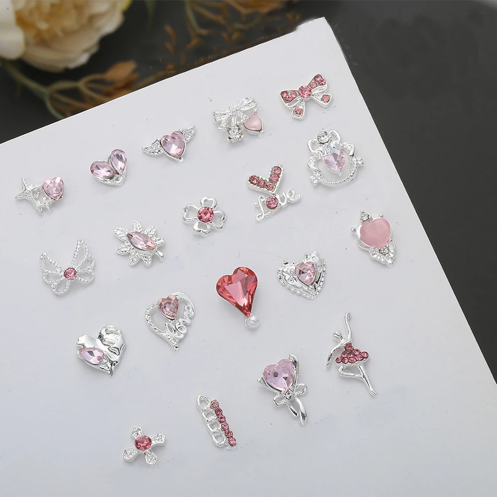 10pcs Pink Alloy Zircon Nail Art Charm 3D Luxury Heart Ribbon Cross Starlight Nail Decoration DIY Zircon Nail Accessories