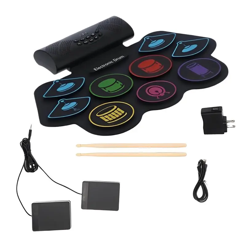 9 Pads Electronic Drum Set Hand Roll Drum Set Dual Built-In Speakers Battery Powered Drums-AT20