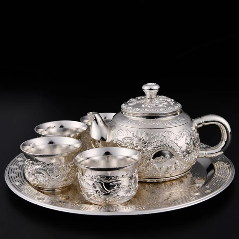 Pure Silver Fair Cup 999 Silver New Pak Fuk tea set 1 Pot 1  plate 4 cups Chinese high-grade cooked silver home owner