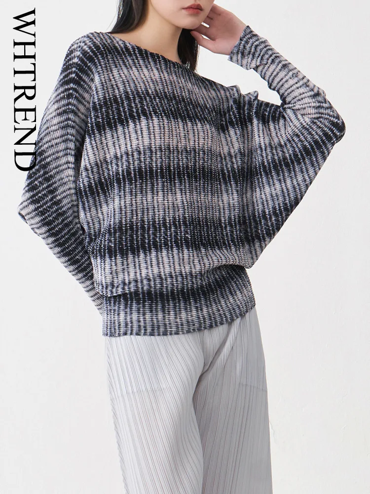 

WHTREND Высококачественные полосатые плиссированные рубашки женские ранней осени с рукавами «летучая мышь» свободный универсальный топ с цветными блоками WH1846