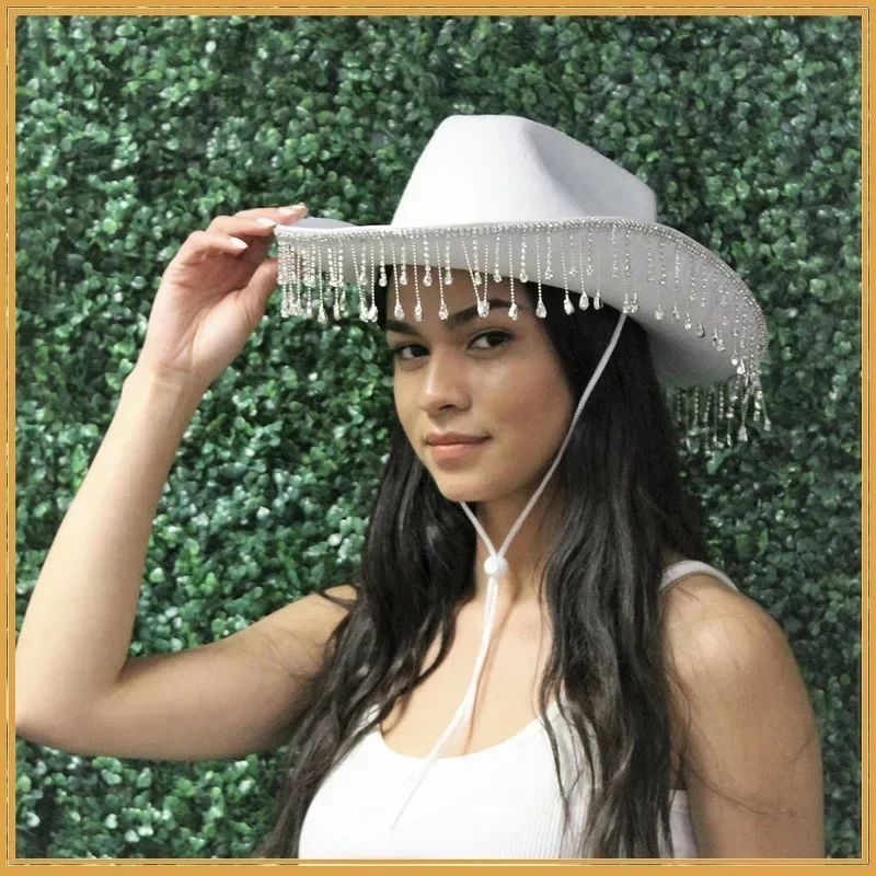 Diamond Fringe Bride Cowgirl Hat Summer Vintage Cowboy Hat Rhinestone Fringe Cowgirl Hat Gift for Women Girl Western Hat