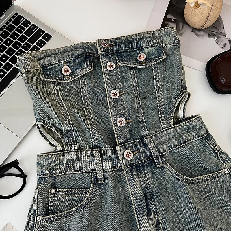 Denim Jumpsuit Wide Leg Shorts Women Fashion Versatile Single Breasted Hollowed Out Waist Strapless Rolled Edge Jumpsuit Shorts