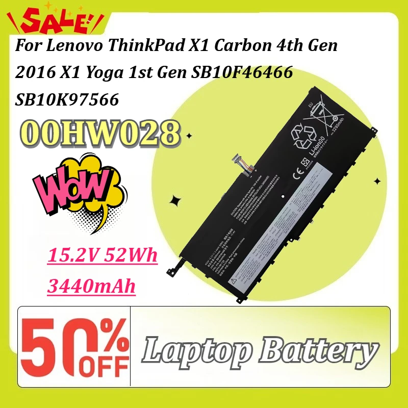 

New 00HW028 15.2V 52Wh 3440mAh Laptop Battery for Lenovo ThinkPad X1 Carbon 4th Gen 2016 X1 Yoga 1st Gen SB10F46466 SB10K97566