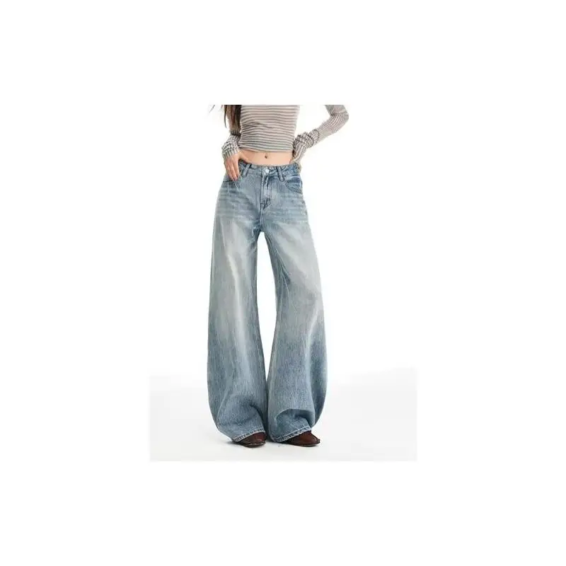 

Fashionable Heavy-Washed Low-Waist Wide-Leg Denim Jeans Women's Loose Fit Casual Cotton Jeans Asymmetrical Design Commute Style