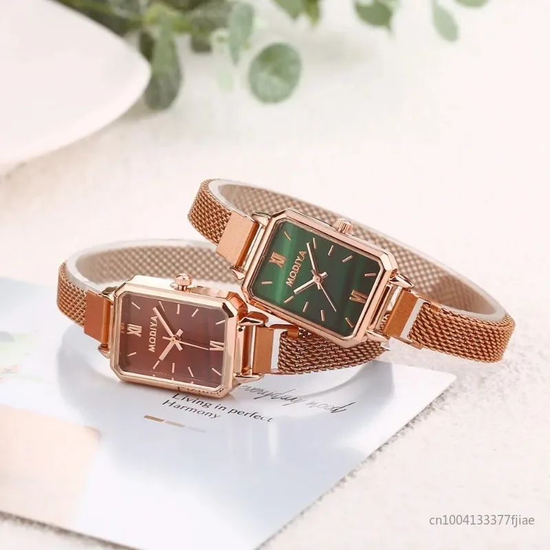 Women Watches Fashion Square Ladies Quartz Watch Magnetic Strap Green Dial Simple Rose Gold Mesh New Luxury Women Watches Clock