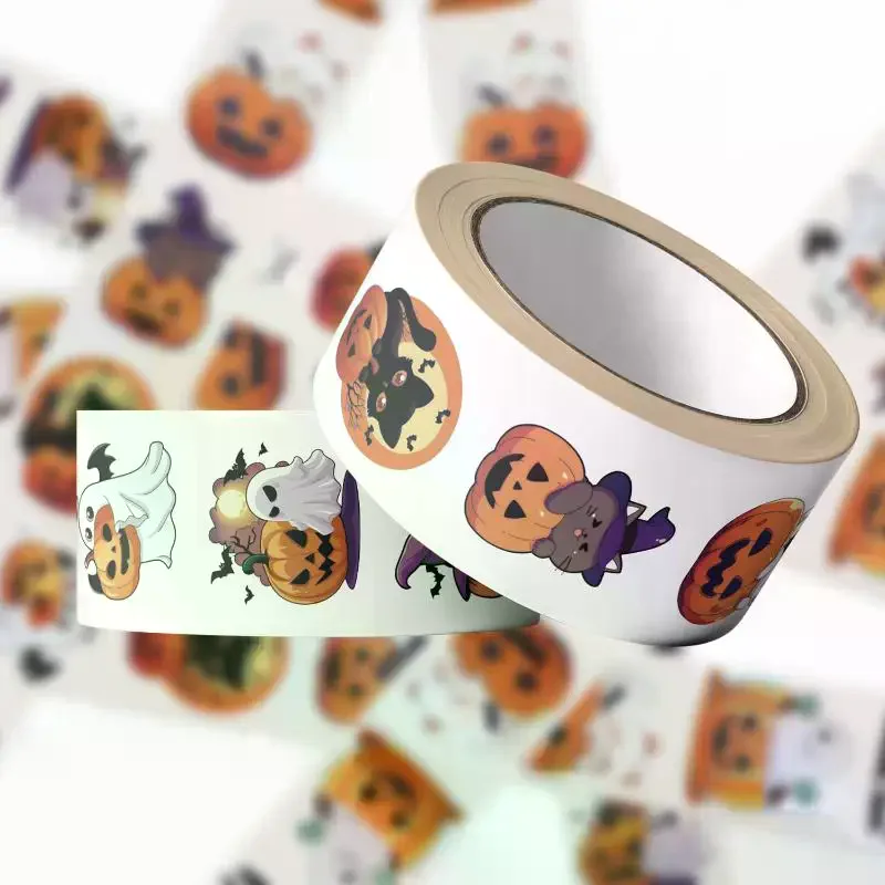

500Pcs/Roll Halloween Pumpkin Cat Ghost Stickers For DIY Journaling Laptop Envelope Scrapbook Car Motorcycle Decal Reward Gift