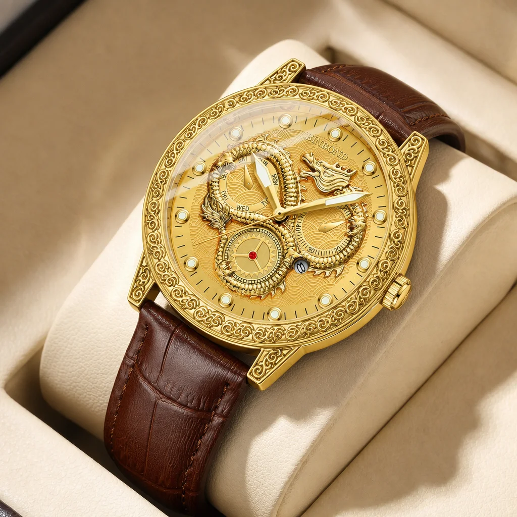 

1pcs Men's Fashion Hot-selling Watch 3D Dragon Pattern Design Brown Leather Strap Exquisite Watch Case Date and Day Disp