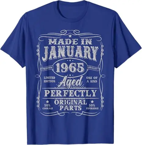 60 Years Old Made in January 1965 Vintage 60th Birthday Men T-Shirt Husband Daddy Papa Gift Letters Printed Graphic Saying Tee