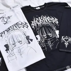 Japanese Anime Girl Y2K Graphic T Shirts Black White Long Sleeve Loose Pullover E-girl Goth Cartoon T-shirt Harajuku New Spring