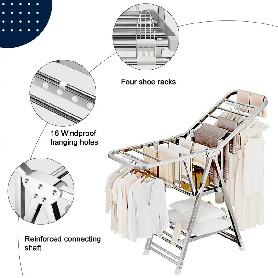 

Clothes Drying Rack,Stainless Steel Foldable Laundry Drying Rack with Height Adjustable Wings,Clothes Rack with Shoe Rack,Windpr
