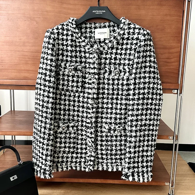 

Houndstooth French Small Fragrant Wool Jacket Women Autumn Winter Long Sleeve Tassel Casual Loose High Quality Tweed Coat