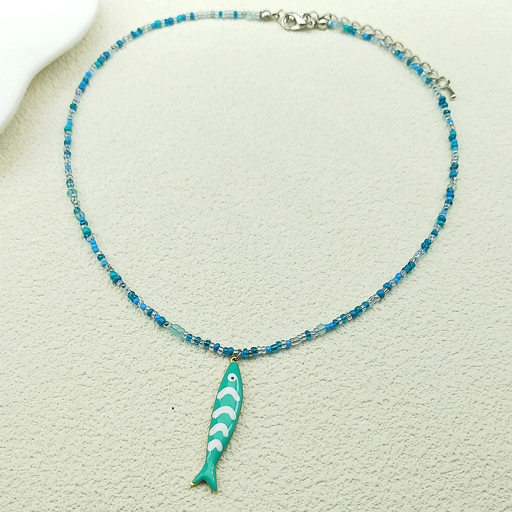 Bunte Fisch Anhänger Halskette für Frauen Mädchen handgemachte gewebte Perlen Dopamin Farbe Meer Party Sommer Mode Kette Halsband Schmuck – Detail 6