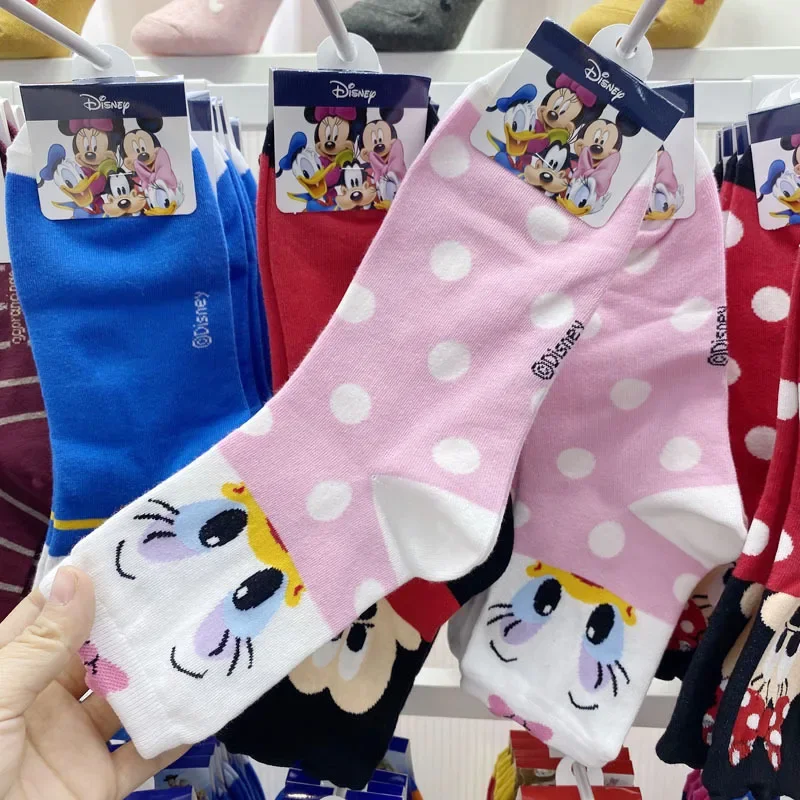 Calcetines de algodón con dibujos animados para niña, medias de Mickey, Pato Donald, Minnie, Stitch, Disney