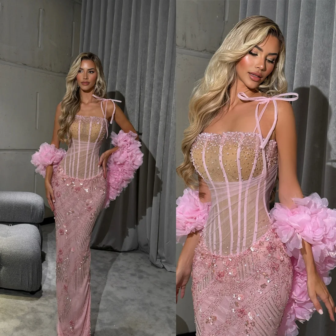 

Designer Evening Dresses For Women Sequins Beaded 3D Appliques Gown Spaghetti Straps Sleeveless Dress Party Custom Made