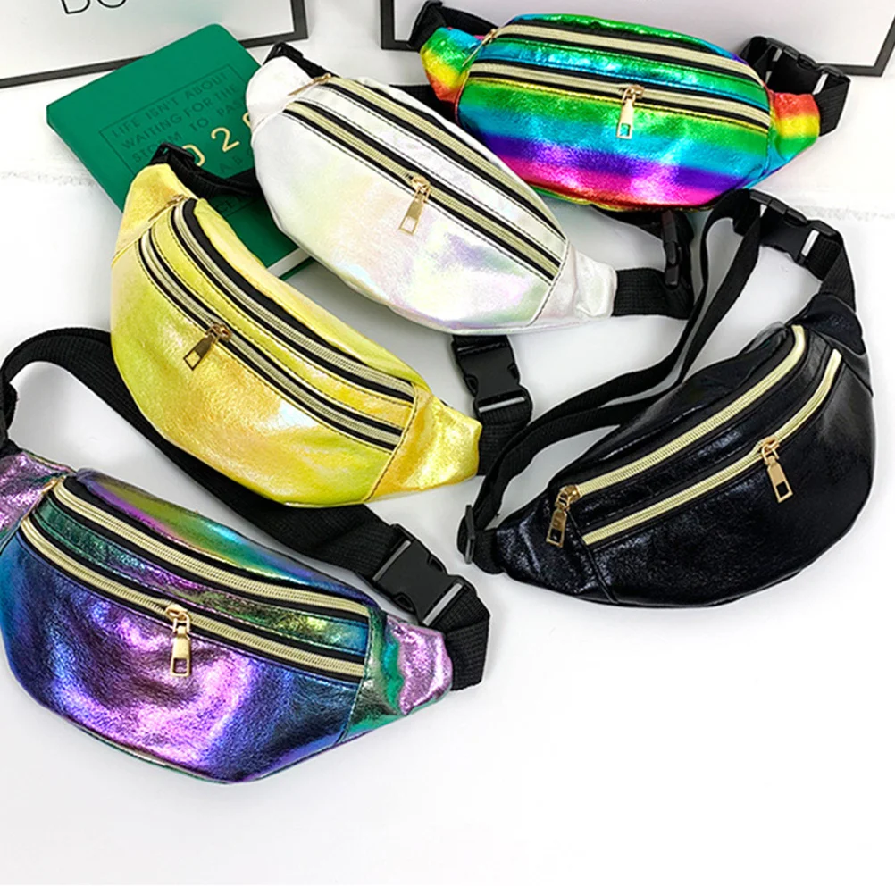 

Holographic Chest Pack PU Double Layer Shiny Wasit Bags Fanny Pack for Running Hiking Travel Party Colorful