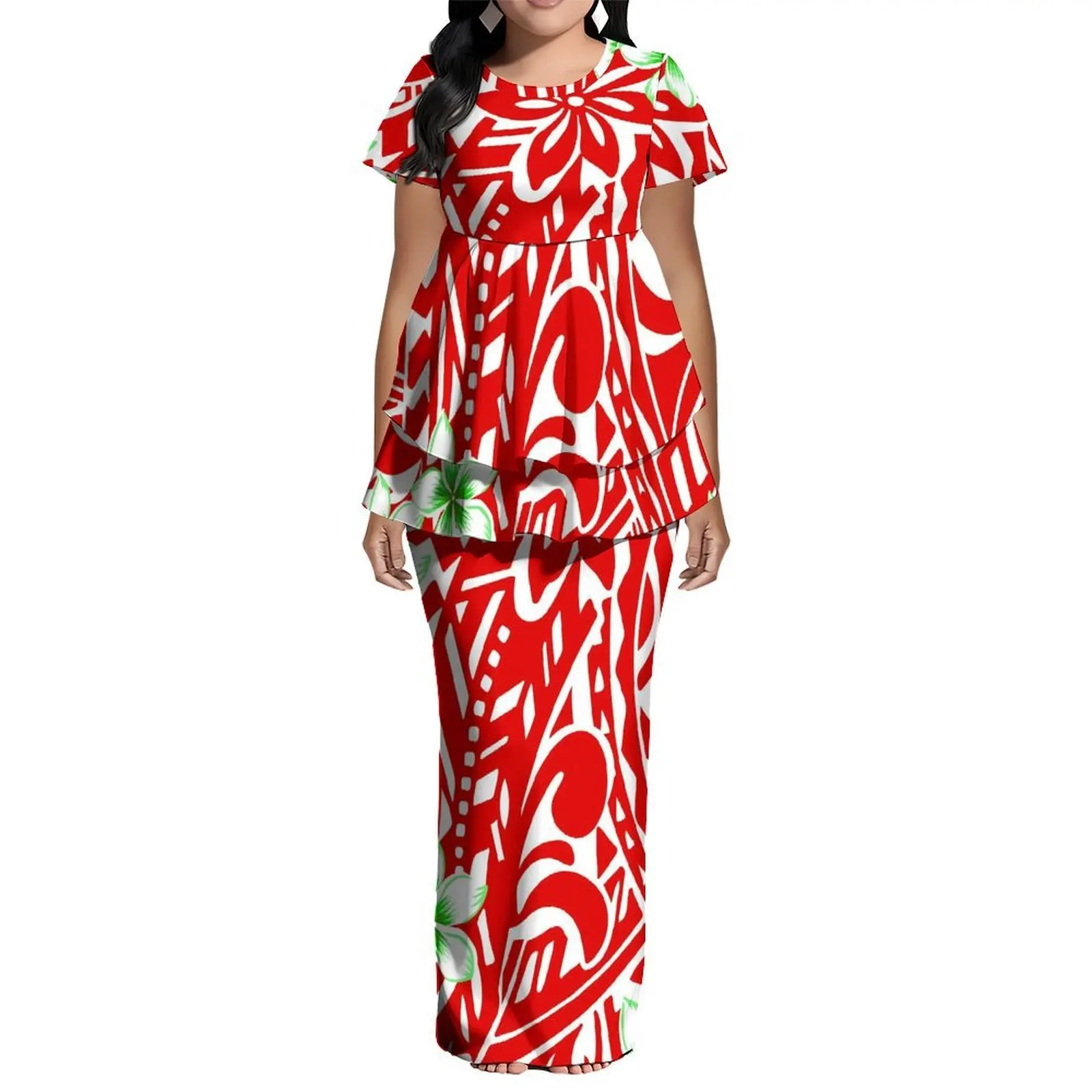 

Polynesian Custom Tribal Ethnic Print Women'S Puletasi Suit Skirt Round Neck Short Sleeves Double Hem Design 2-Piece Set