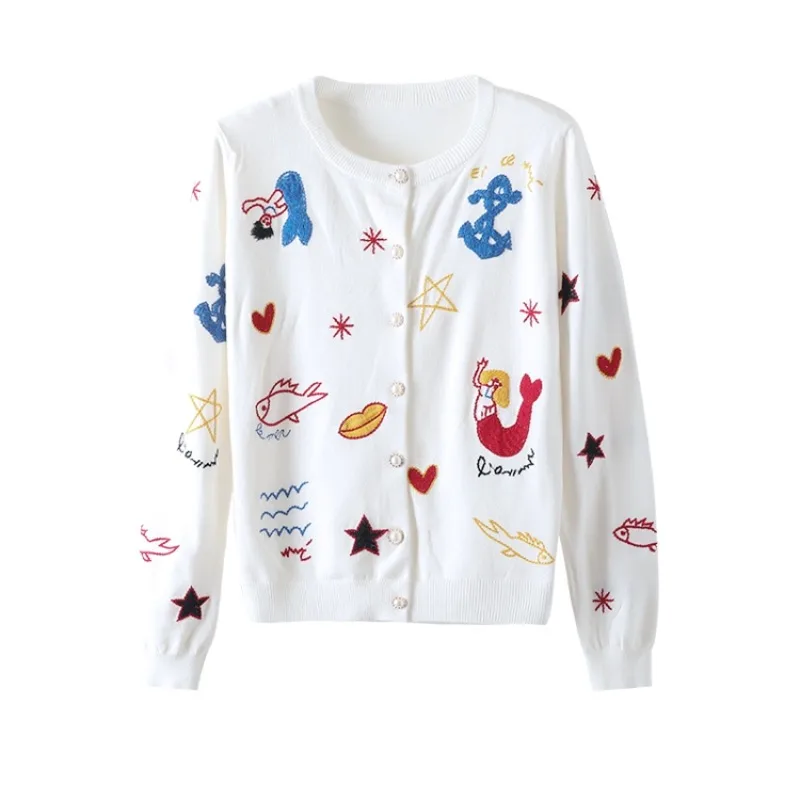 Mermaid Embroidered Knitted Cardigan Spring and Autumn New Long Sleeve Round Neck Pearl Buckle Fashion Sweet Jacket Top Women