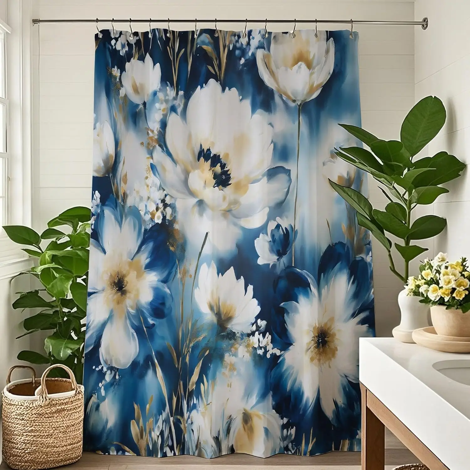 

Сине-белая занавеска для душа с цветочным принтом, весенняя занавеска для душа в стиле бохо с акварельными цветами для ванной комнаты, эстетичная ботаническая цветочная занавеска с летучей мышью
