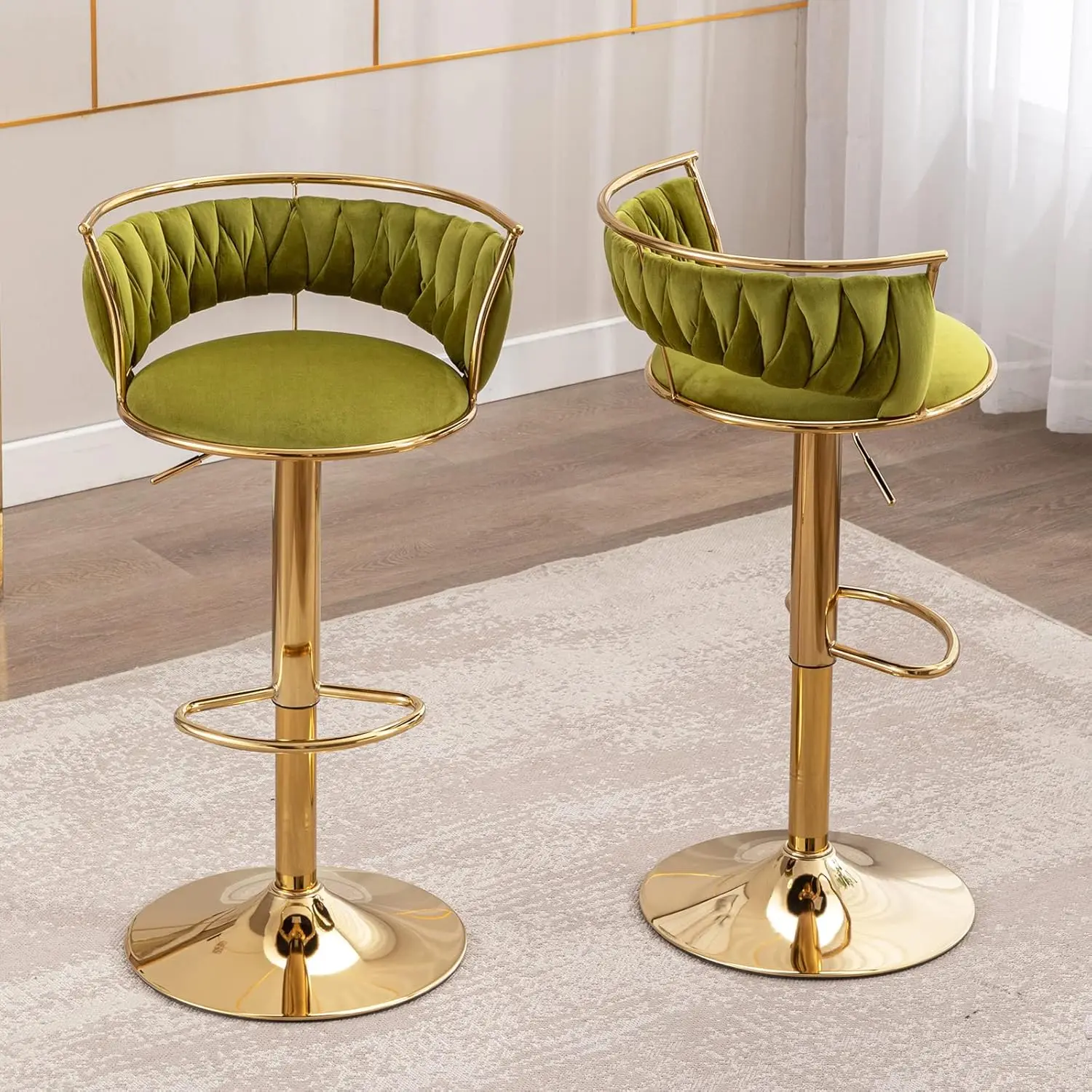 Modern Swivel Bar Stools Set of 2, Velvet Adjustable Height Barstools Low Back Kitchen Island Counter Bar Chair with Gold