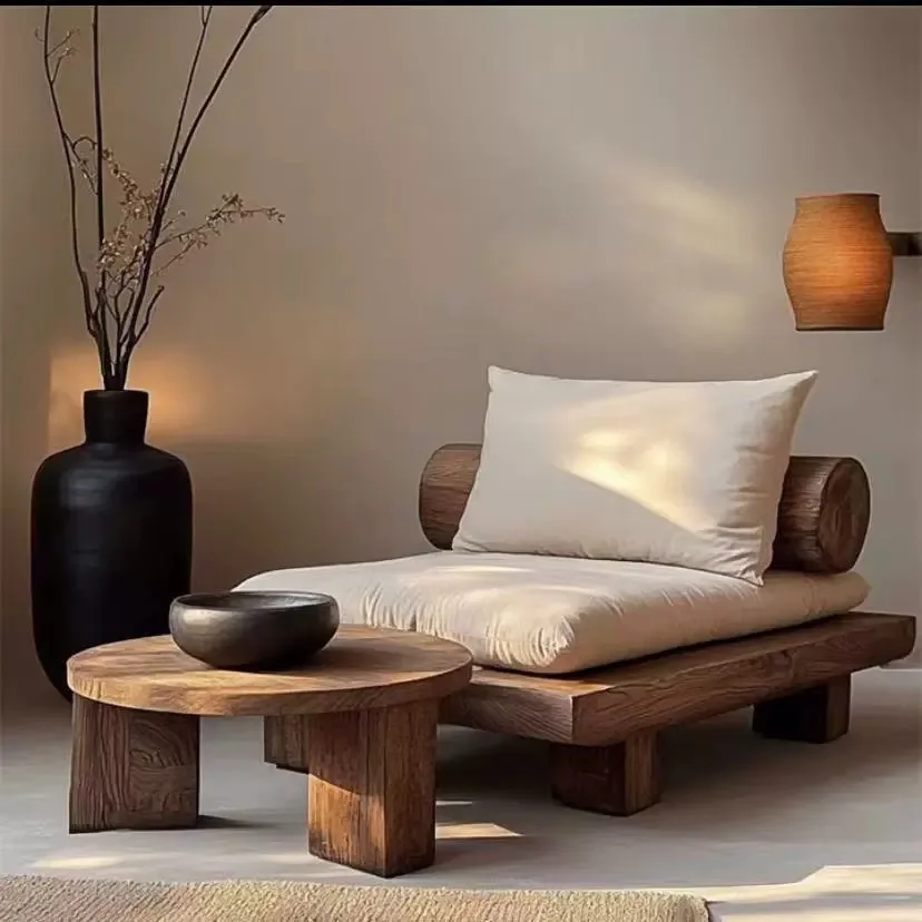 

New Chinese style old elm sofa bed B & B hotel log wind sofa chair solid wood furniture balcony sofa seat