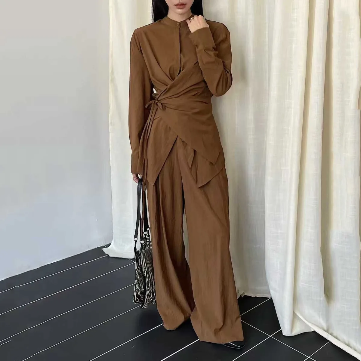 CiCi 2025 مجموعة ملابس النوم المستدامة الجديدة للنساء رابطة عنق مستديرة الخصر السراويل المستقيمة المشتركة ملابس مكتب الحد الأدنى #5