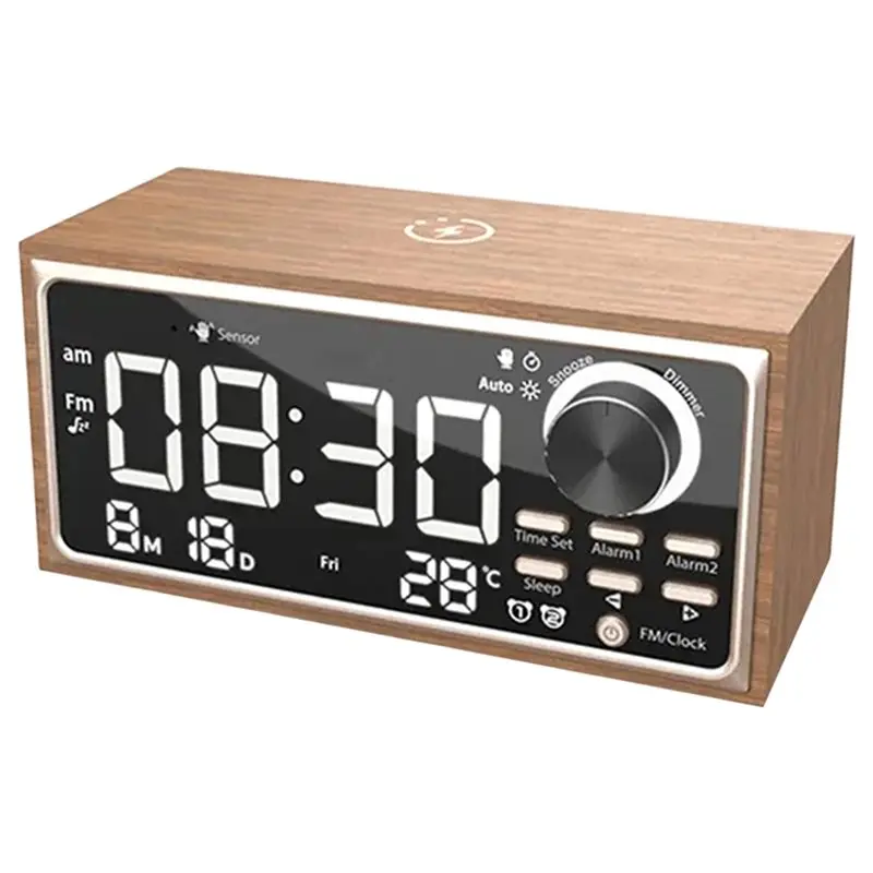 Solid Wood Clock Vintage FM Radio Wireless Charging LED Display Dimmer Control Calendar For Bedroom Desktop