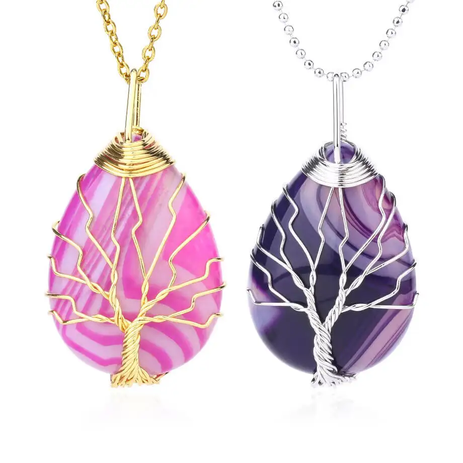 CSJA Gold Color Tree of Life Wire Wrap Water Drop Necklace & Pendant Reiki Natural Gem Stone Purple Blue Veins Onyx Jewelry E806
