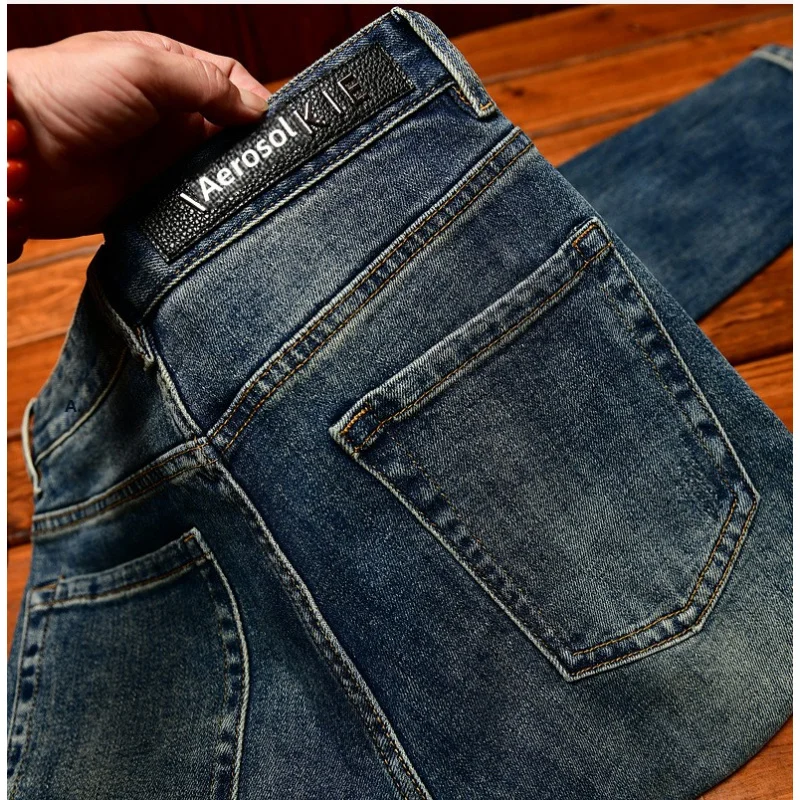 

Мужские повседневные джинсы с пятью острыми принтами, стрейч, модные уличные ретро и ностальгические длинные брюки с маленькими штанинами.