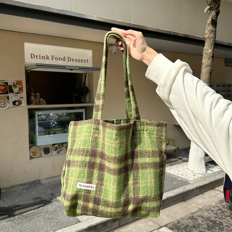 England Style Classic Plaid Wool Tote Bag Large Women Shoulder Bag Vintage Practical Handle Bag