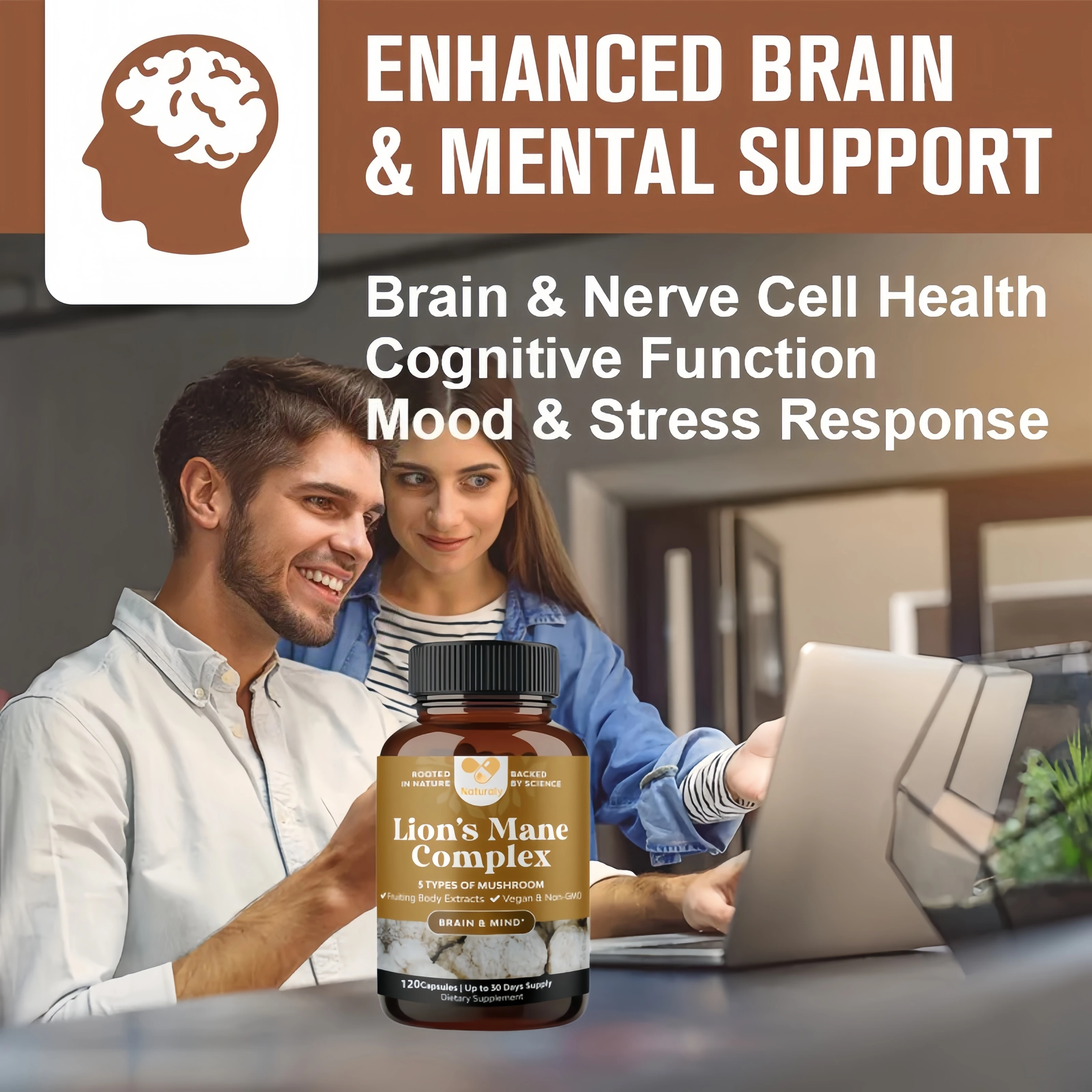 Mushroom Complex Capsules with Lions Mane Chaga Cognitive Brain Function Stress Relieves Beauty Health Diet Supplement