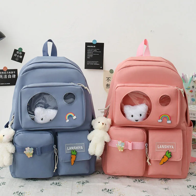 5 PCS Schoolbag Female 2022 New High School High-capacity Female Backpack Junior High School Pupil Backpack