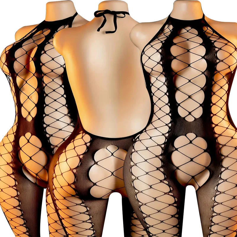 Big Loophole Fishnet Babydolls Dress  Crotchless Lingerie Hanging Neck Bodystockings Mesh See Through Baby Dolls Bodysuits