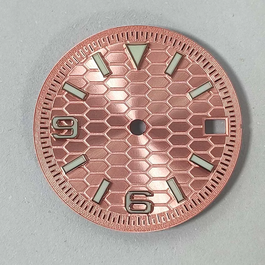 28.5mm Sunray Watch Dial Small Window Silver Stud Time Marker Flat Hexagonal Grid Pattern‌ Dial for NH35 NH36 4R 7S Movement