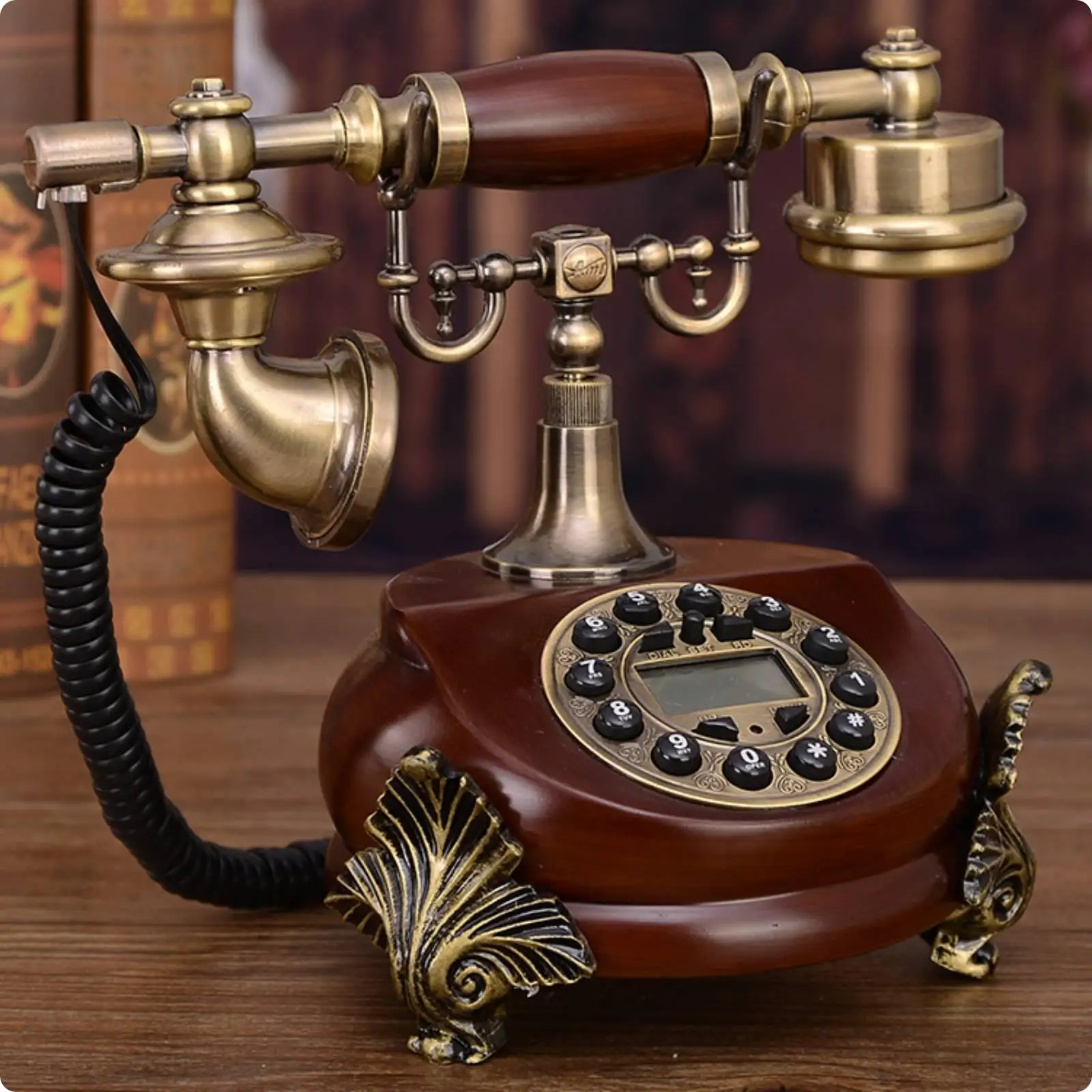 Antique-Style Corded Telephone Brass-Toned Vintage Wired Telephone Ornate Decorative Push-Button Phone