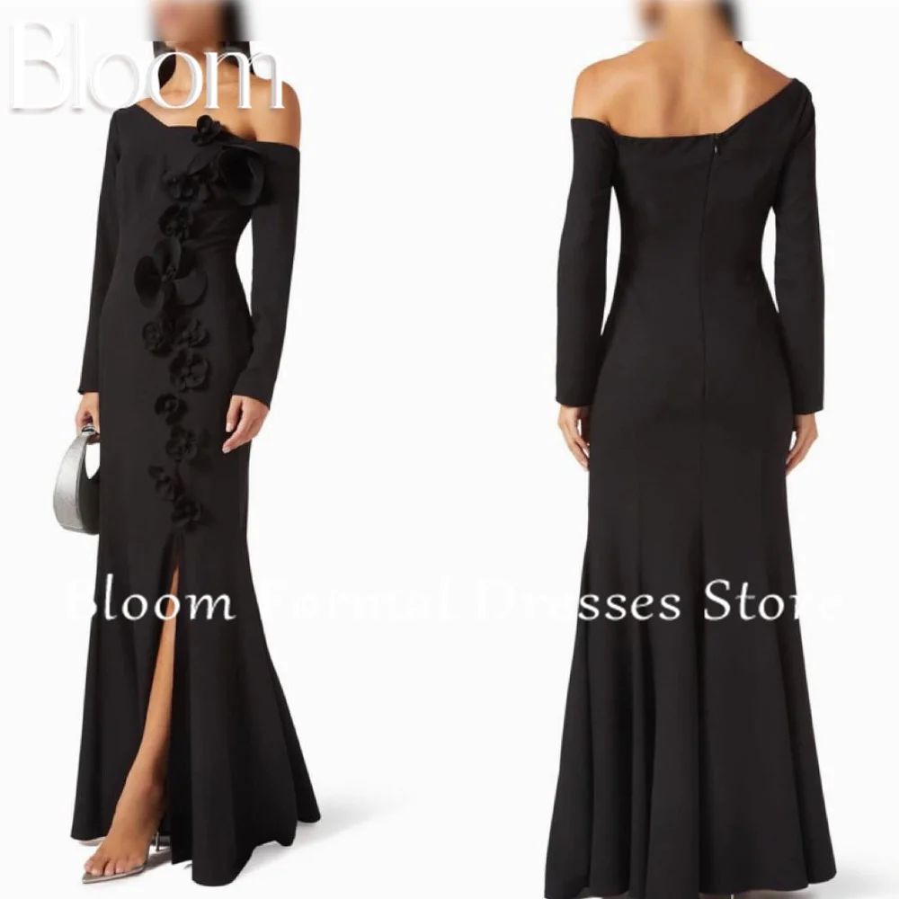 Bloom Customized One Shoulder Side Silt Solid Color 3D Flowers Zipper Back Long Sleeves Off the Shoulder Bespoke Occasion Gowns