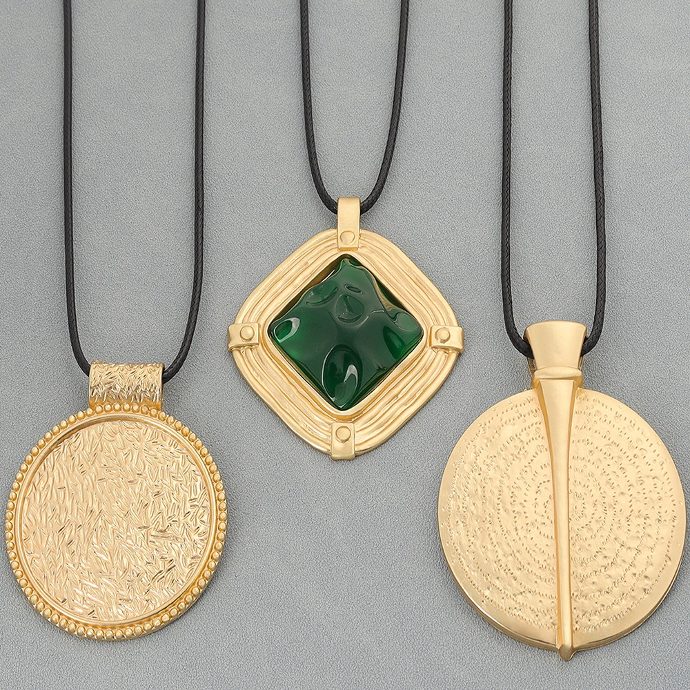 

1 x Large Medallion Round Tribal Matte Gold Pendant Boho Fashion Necklace With Long Wax Rope Chain, All Seasons Jewellery