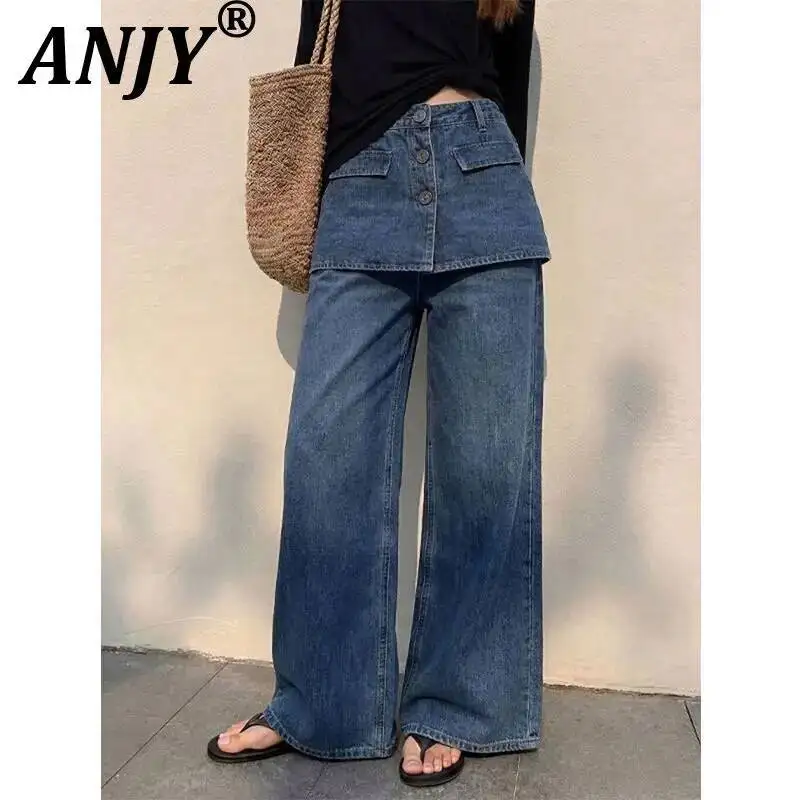 

ANJY Spring Autumn New Women Versatile Casual High-End Fake Two-Piece Denim Wide Leg Pants Trendy Fashion Patchwork Jeans A23421