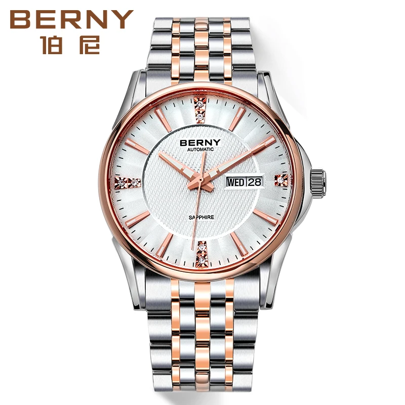 BERNY Best NH36 Automatic Movement Men Mechanical Watch  Date Display 24 Diamonds Clock Luminous Waterproof Relogio Masculino