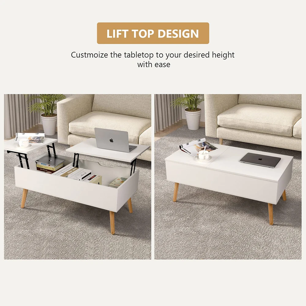 Modern living room square wooden center table height adjustable rise and fall top coffee table with hidden storage compartment