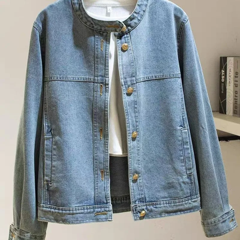 

2025 Korean Fashion Denim Jacket For Women Stand Collar Outdoor Clothing Elegant Harajuku Single Breasted Sleeve Jeans Coats