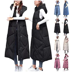 Autumn Winter Cotton Vest Women Ladies Casual Waistcoat Female Sleeveless Long Vest Jacket Slim Fit Warm Ladies Hooded Vest Coat