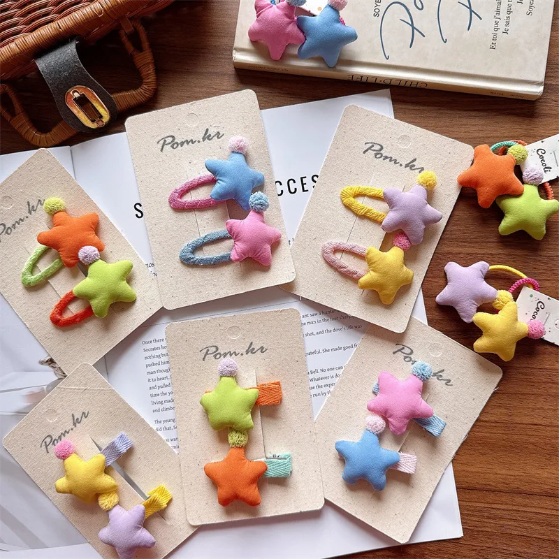 

2-Piece Toddler Girl Hair Accessory Stuffed Yarn Ball Star Barrettes Star Scrunchies Contrast Color Design Gentle Hold Stretchy