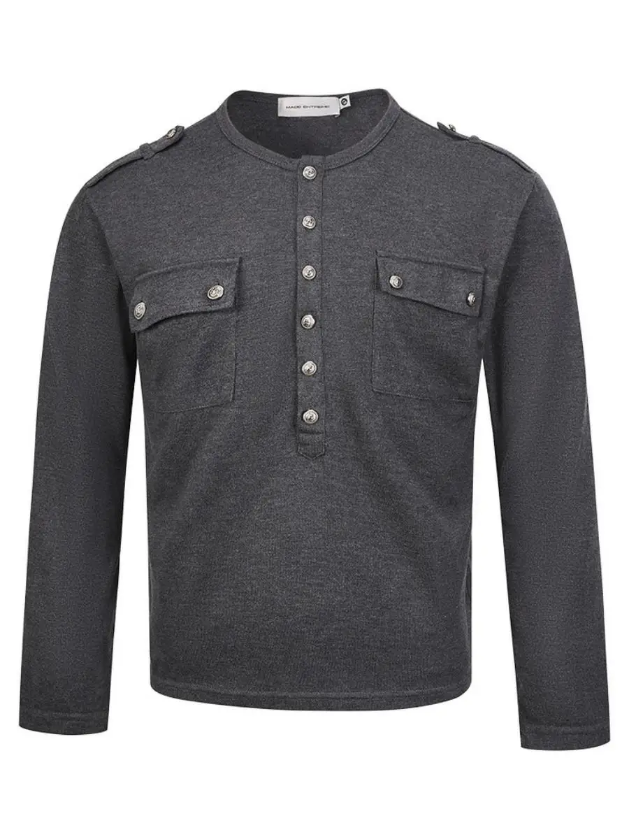 

Американская ретро-футболка с воротником Хенри, длинными рукавами и двумя карманами, в стиле рабочей одежды, однотонная, универсальная, для мужчин и женщин