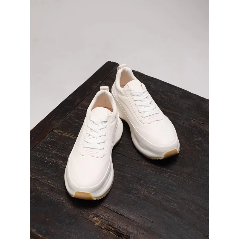 

New White Leather Casual Shoes Thick Sole Platform Mens Fashion Sneakers lace Shoes
